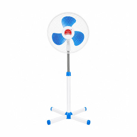 Ventilator de Podea Alb cu Albastru, 3 Pale, 3 Viteze, Înălțime Reglabilă, Silențios și Economic