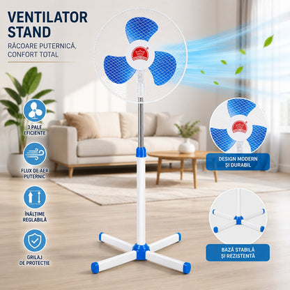 Ventilator de Podea Alb cu Albastru, 3 Pale, 3 Viteze, Înălțime Reglabilă, Silențios și Economic