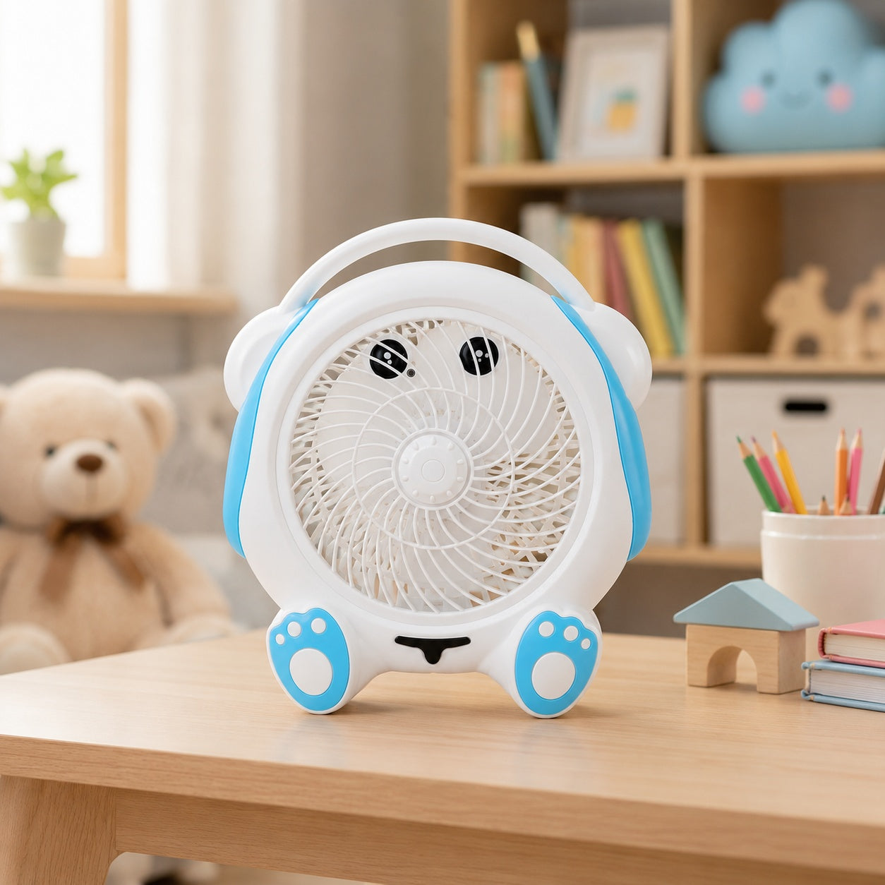 Ventilator Portabil 30 cm Alb cu Albastru – Design Drăguț, Silențios, 25W