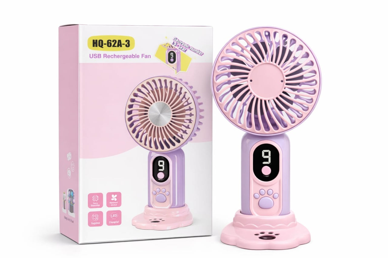 Ventilator portabil cu design labuta animalut, 9 viteze, display digital, suport inclus, mov cu roz