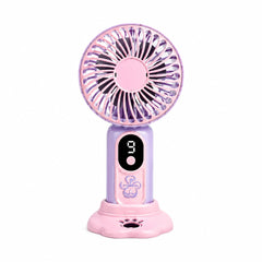 Ventilator portabil cu design labuta animalut, 9 viteze, display digital, suport inclus, mov cu roz