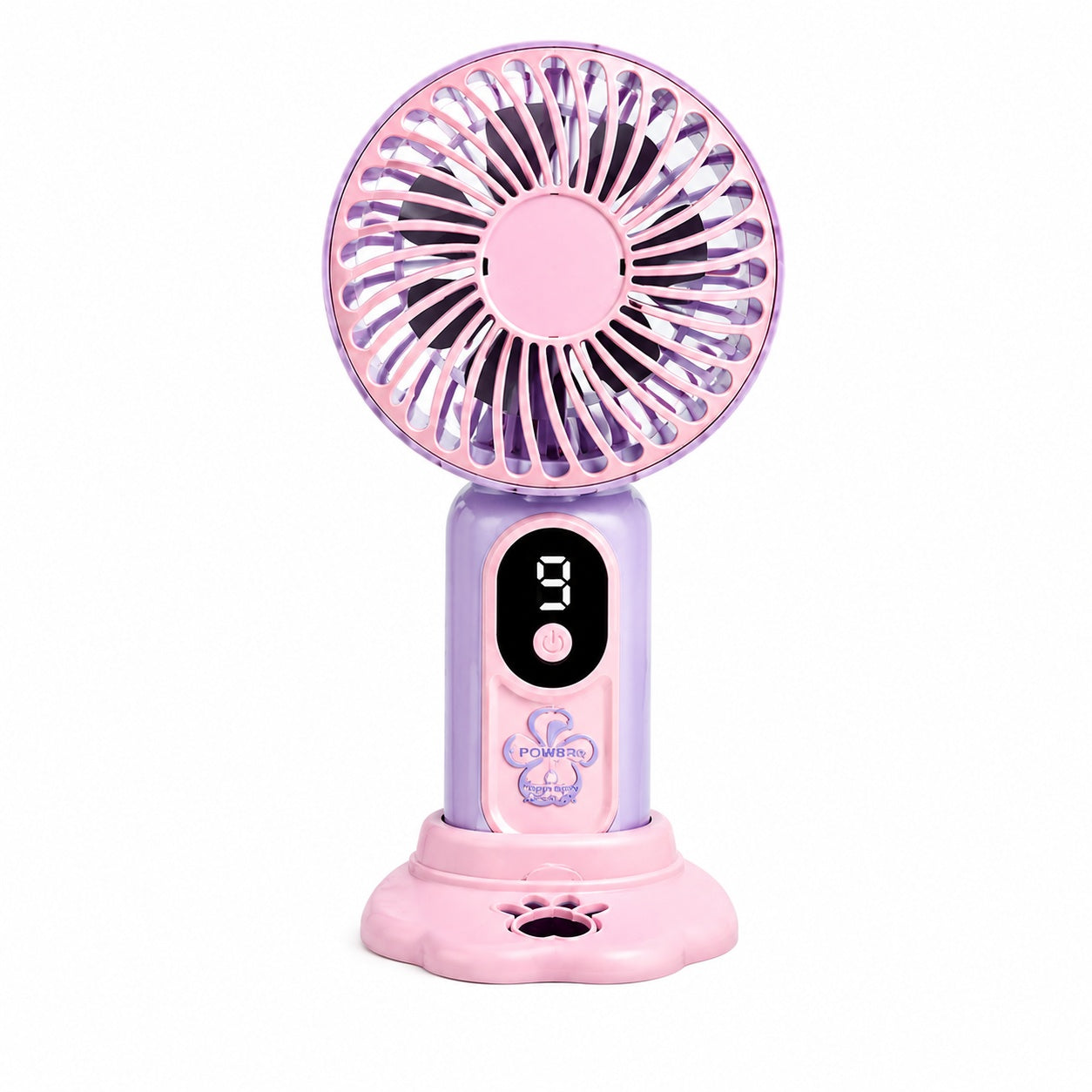 Ventilator portabil cu design labuta animalut, 9 viteze, display digital, suport inclus, mov cu roz