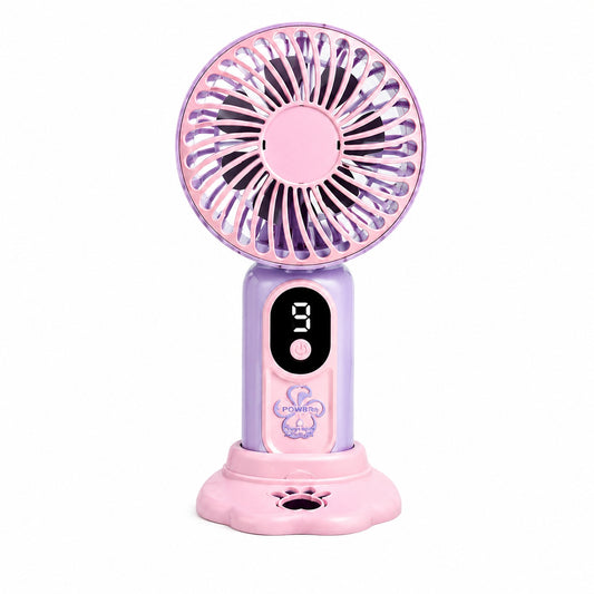 Ventilator portabil cu design labuta animalut, 9 viteze, display digital, suport inclus, mov cu roz