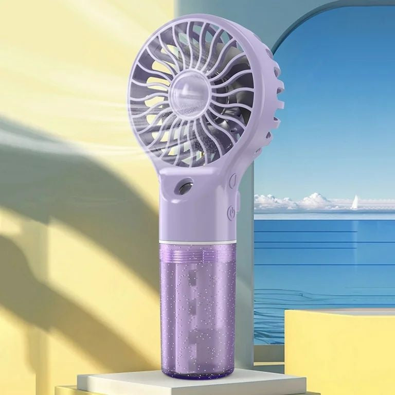 Ventilator portabil cu pulverizare apa, 4 trepte viteza, rezervor apa, reincarcabil USB, mov