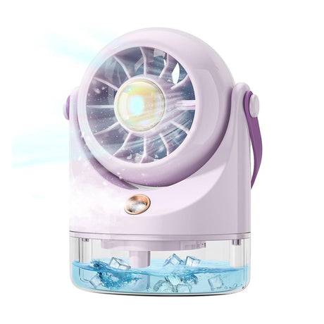 Ventilator portabil cu pulverizare apa si rezervor, 3 trepte viteza, lumina LED, USB, mov