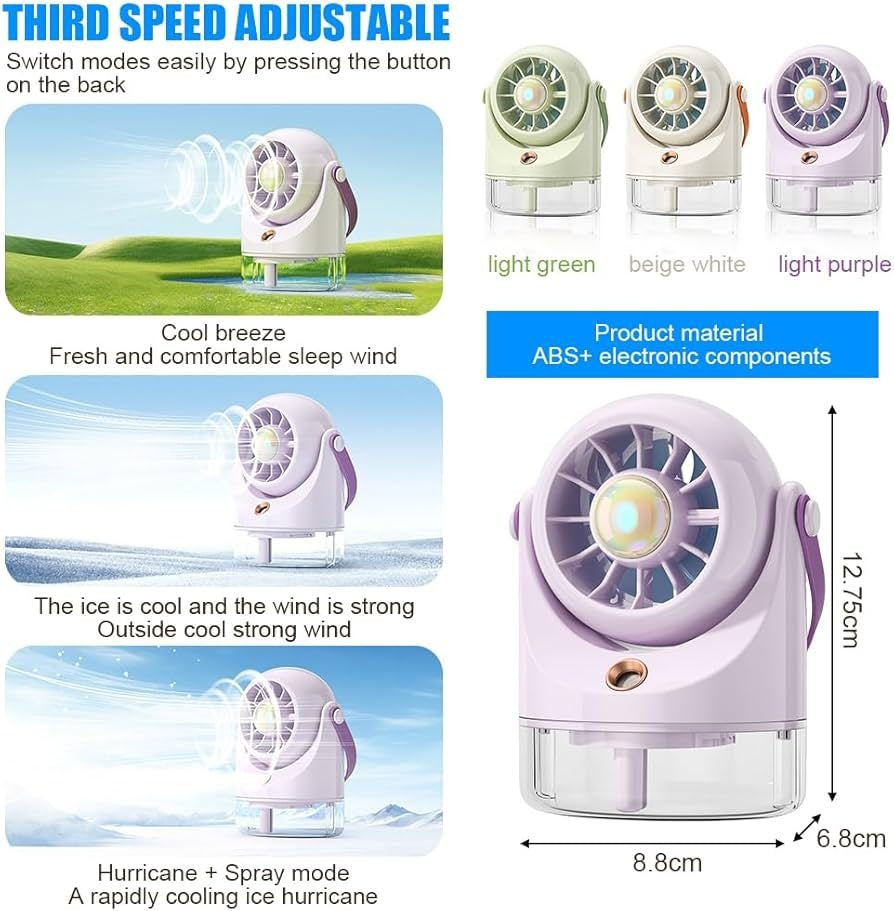 Ventilator portabil cu pulverizare apa si rezervor, 3 trepte viteza, lumina LED, USB, mov