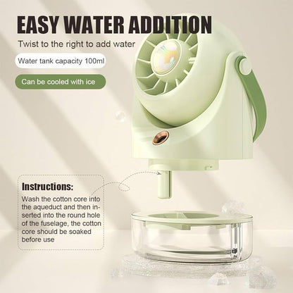 Ventilator portabil cu pulverizare apa si rezervor, 3 trepte viteza, lumina LED, USB, mov