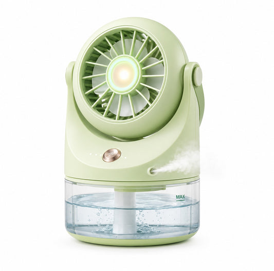 Ventilator portabil cu pulverizare apa si rezervor, 3 trepte viteza, lumina LED, USB, verde