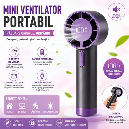 Ventilator Portabil de Mână cu Afișaj Digital LED – Reîncărcabil USB, 3 Trepte de Viteză, Ultra Silențios