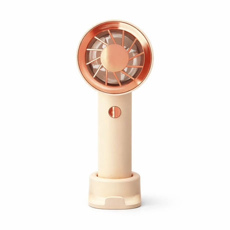 Ventilator portabil elegant, 3 viteze, USB-C, cu snur si suport inclus, crem cu auriu