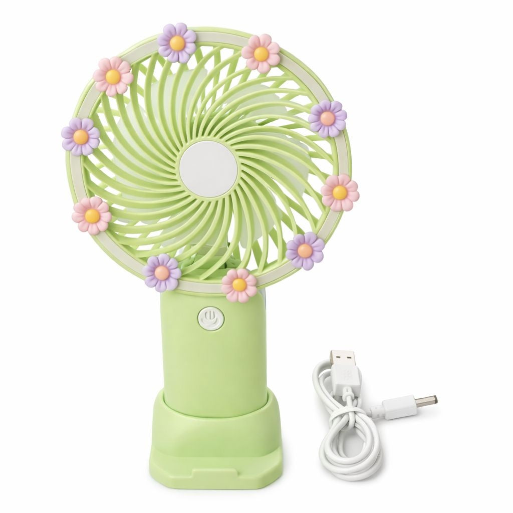 Ventilator portabil mini cu suport, USB, 3 viteze, compact si silentios, verde
