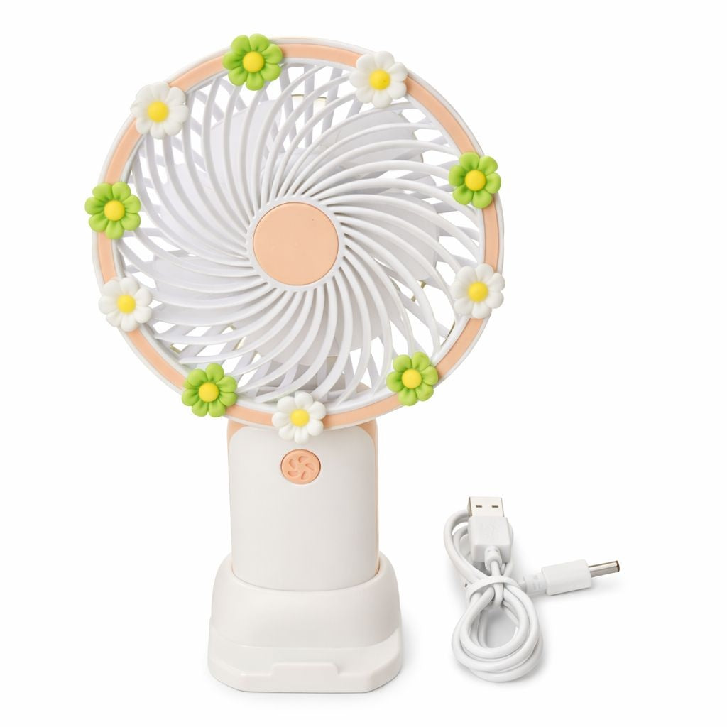 Ventilator portabil mini cu suport, USB, 3 viteze, design floral, alb