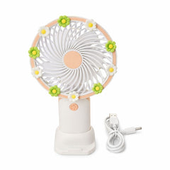 Ventilator portabil mini cu suport, USB, 3 viteze, design floral, alb