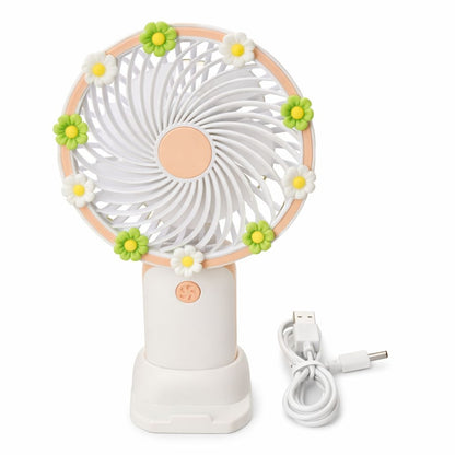 Ventilator portabil mini cu suport, USB, 3 viteze, design floral, alb