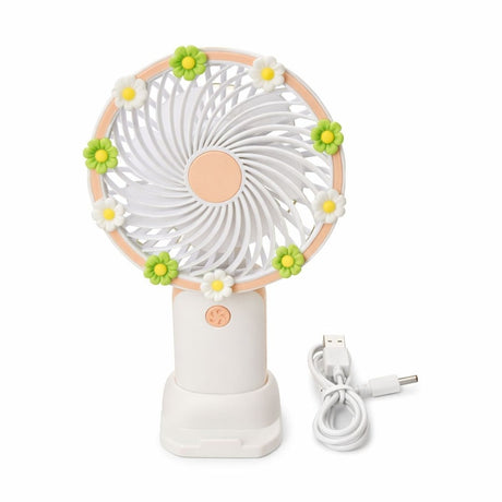 Ventilator portabil mini cu suport, USB, 3 viteze, design floral, alb