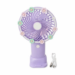 Ventilator portabil mini cu suport, USB, 3 viteze, design floral, mov