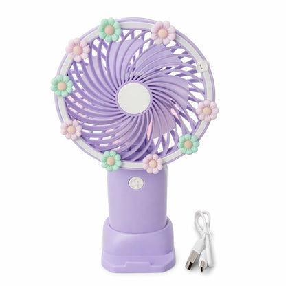 Ventilator portabil mini cu suport, USB, 3 viteze, design floral, mov