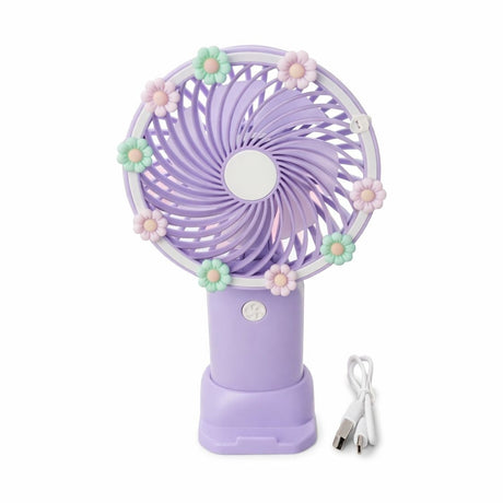 Ventilator portabil mini cu suport, USB, 3 viteze, design floral, mov