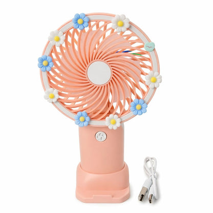 Ventilator portabil mini cu suport, USB, 3 viteze, design floral, somon
