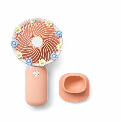 Ventilator portabil mini cu suport, USB, 3 viteze, design floral, somon