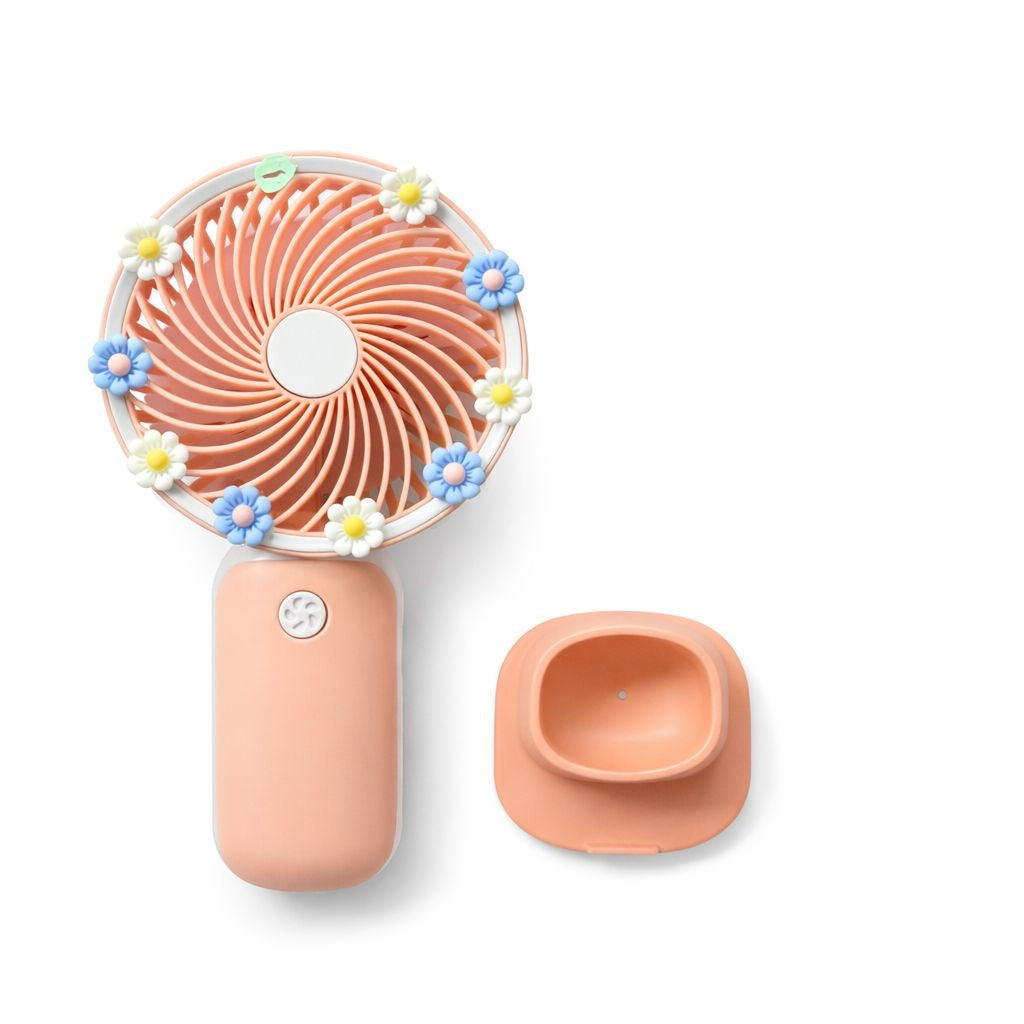 Ventilator portabil mini cu suport, USB, 3 viteze, design floral, somon