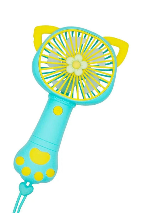 Ventilator portabil pentru copii, reincarcabil USB, 3 trepte viteza, design pisica, verde cu galben