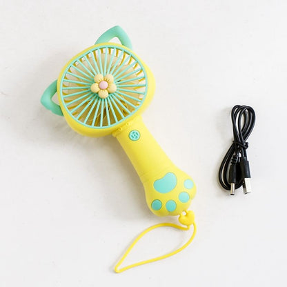 Ventilator portabil pentru copii, reincarcabil USB, 3 trepte viteza, design pisica, galben verde
