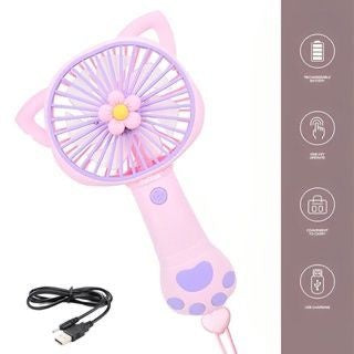 Ventilator portabil pentru copii, reincarcabil USB, 3 trepte viteza, design pisica, roz