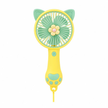 Ventilator portabil pentru copii, reincarcabil USB, 3 trepte viteza, design pisica, galben verde