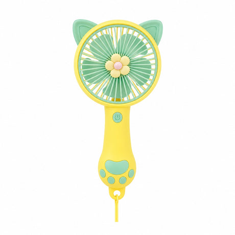 Ventilator portabil pentru copii, reincarcabil USB, 3 trepte viteza, design pisica, galben verde