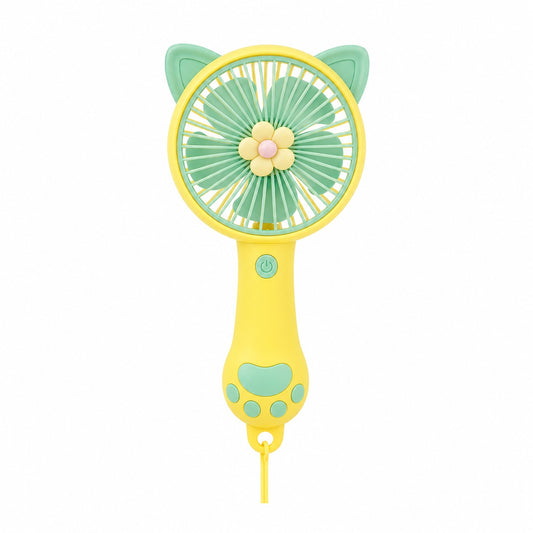Ventilator portabil pentru copii, reincarcabil USB, 3 trepte viteza, design pisica, galben verde