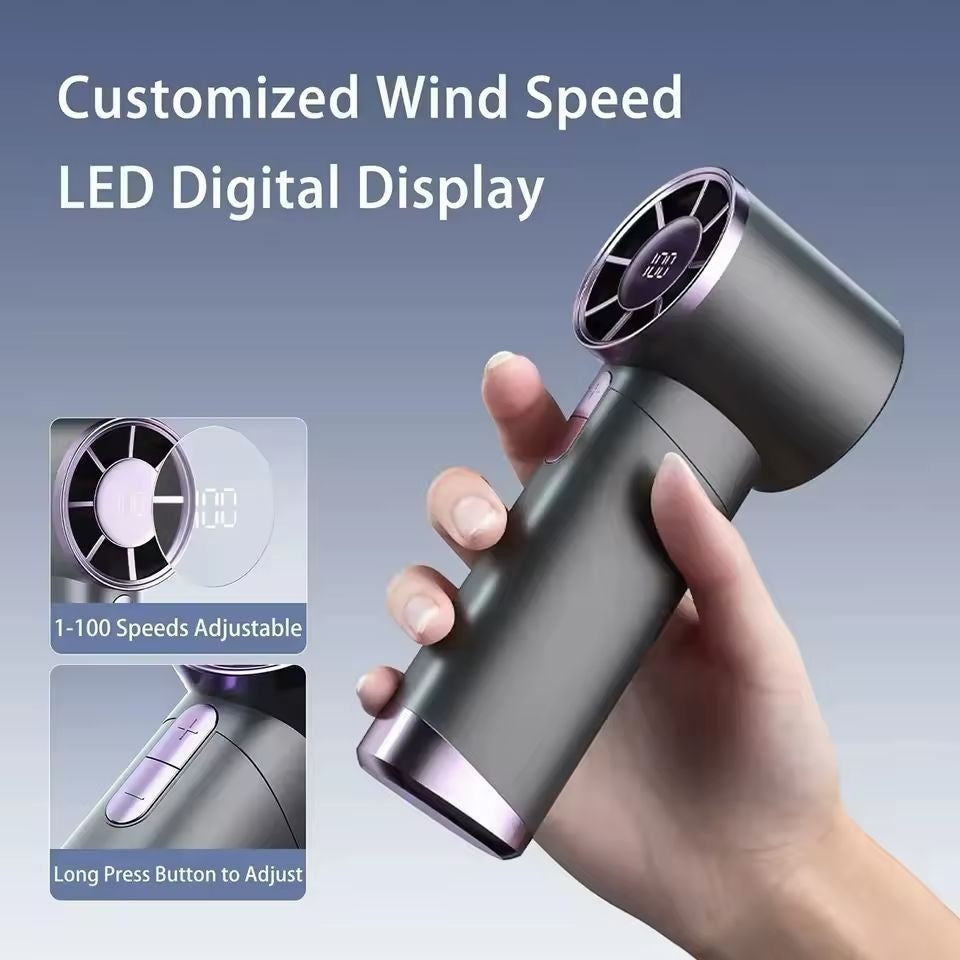 Ventilator portabil reincarcabil USB cu display LED si 100 viteze reglabile, gri mov