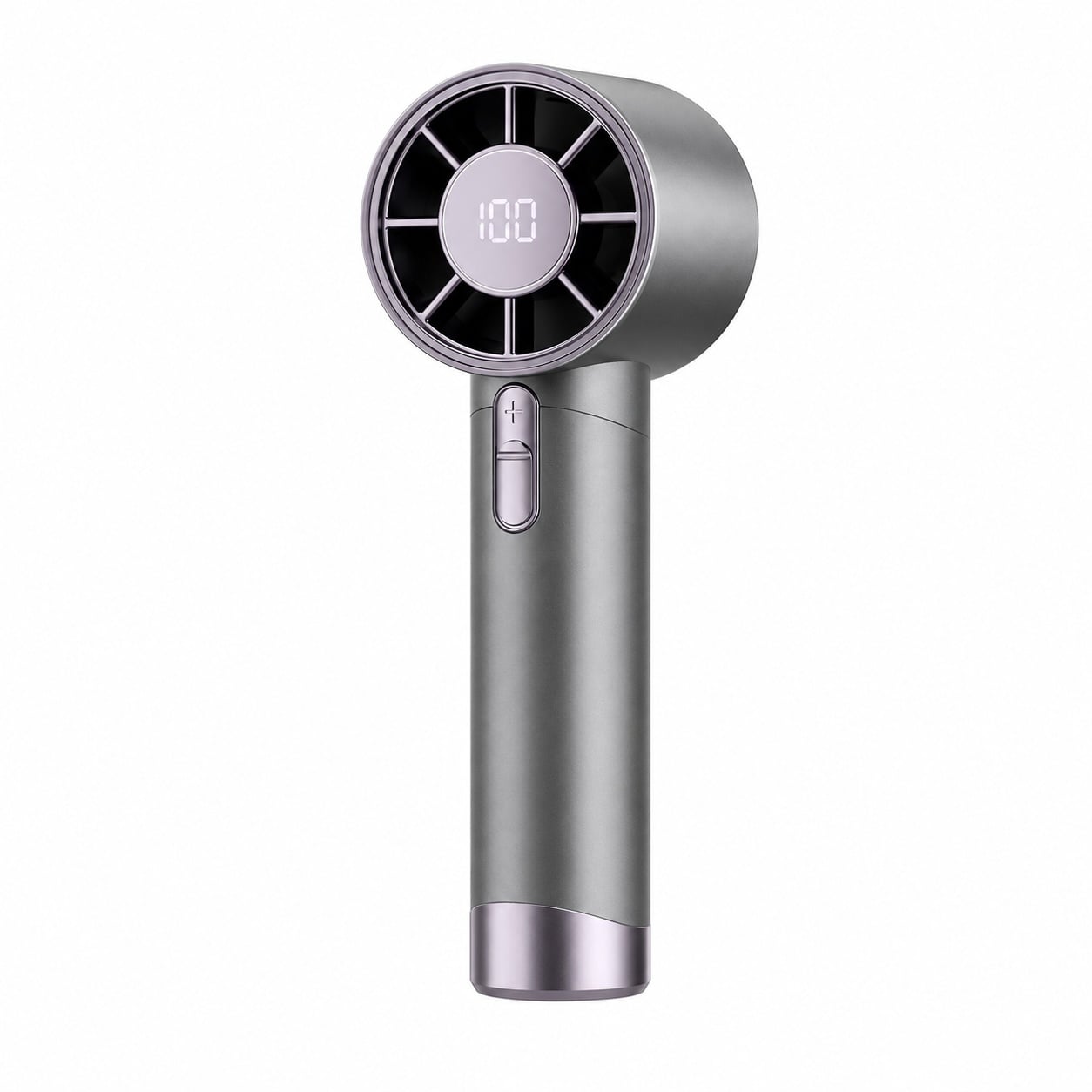 Ventilator portabil reincarcabil USB cu display LED si 100 viteze reglabile, gri mov