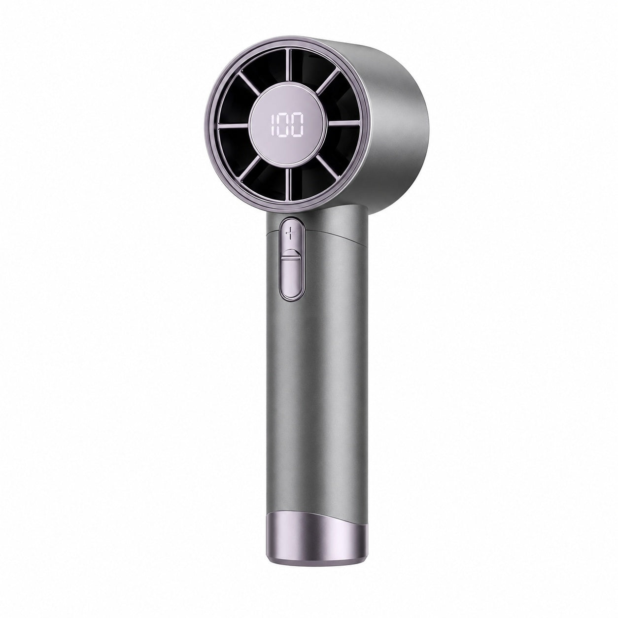 Ventilator portabil reincarcabil USB cu display LED si 100 viteze reglabile, gri mov