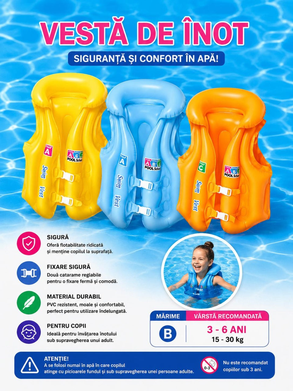 Vesta gonflabila inot copii 20–30 kg , portocaliu, marime B, pentru piscina si mare